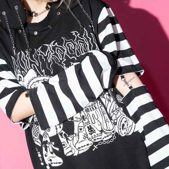 Gothic Emo Harajuku Punk Rock Rave T-Shirt B/W – with Detachable Arm Warmers L - Picture 2 of 4